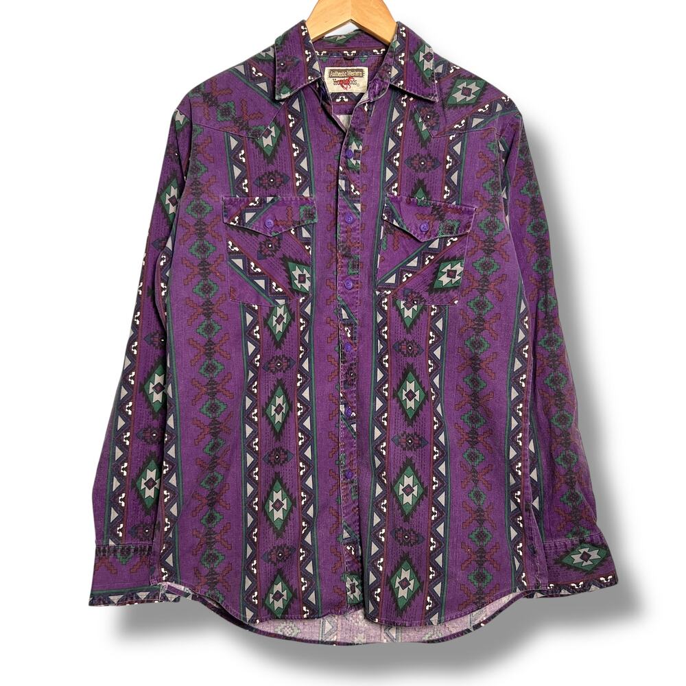 Vtg 90s Youngbloods Western Shirt Button Down Purple Aztec Print Cowboy Sz Med